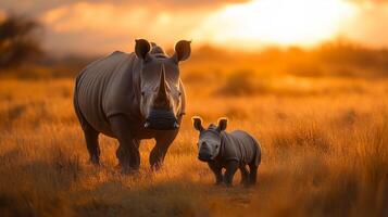 Mother rhino and calf in open savannah at sunrise photo