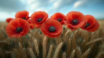 Red poppies in a wheat field under a dramatic sky photo