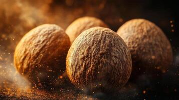 Raw nutmeg, organic and whole, close-up overhead view photo