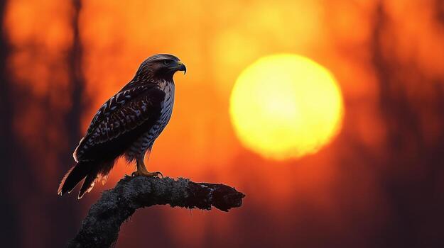 Silhouette of Red shouldered hawk in a tree at sunrise photo