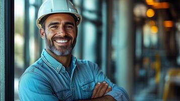 Smiling engineer holding hardhat and standing near window in office photo