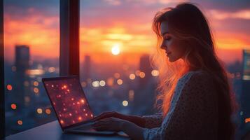 Silhouette of woman working on laptop at desk photo