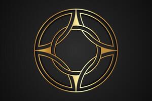 Gold knot round logo design, celtic style, circle shape business icon template, interlocking sign. Sacred cross symbol, golden luxury isolated on black background vector