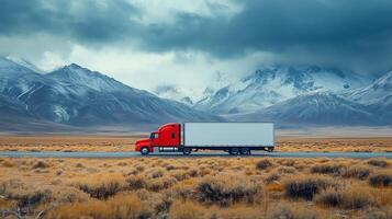 Side view of a moving truck on the road. White copy space on the truck photo
