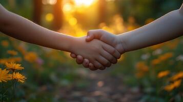 real photo, child handshake for teamwork photo