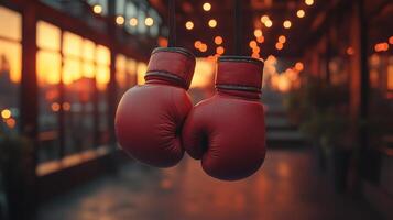 Sunset Glow Over Boxing Gloves in a Serene Gym Setting photo