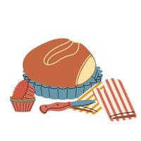 The concept of baking. The bread is in a baking dish, next to the muffin tins, a knife and pot holders for hot vector