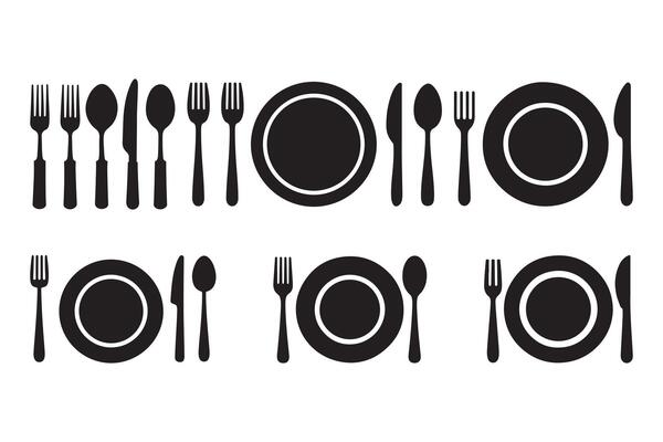 Fork, spoon, knife and plate. Menu symbol. Tableware instruments. Restaurant icon Design.