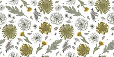 Seamless boho minimalist floral pattern with dandelions, chrysanthemums, feathers and leaves on a white background for fabric and pastel design vector