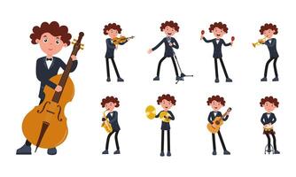 Young musician playing various instruments in a cheerful music ensemble vector