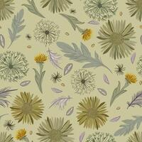 Boho floral seamless pattern with dandelions, chrysanthemums, feathers, and leaves on beige backgrounds for fabric and design vector