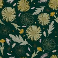 Boho floral seamless pattern with dandelions, chrysanthemums, feathers, and leaves on green backgrounds for fabric and design vector