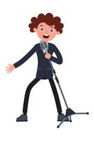 Boy singing joyfully with a microphone on stage during a talent show performance vector