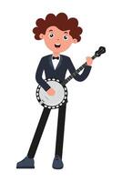 Young musician plays banjo confidently at a lively performance in a cheerful setting vector
