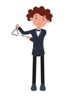 Boy in formal attire playing a triangle instrument at a musical performance vector