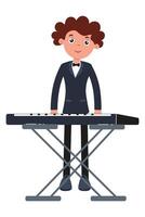Young musician playing keyboard at a performance event in a stylish outfit vector