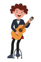 Child playing acoustic guitar joyfully on a stool in a cheerful setting during a music lesson vector