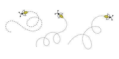 Cute Bees Following Dotted Paths on a White Background. Flying Bees Path. vector