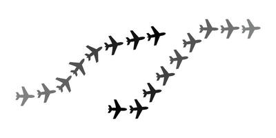Translational Motion Airplane silhouettes arranged in a curved flight pattern against a pure white background. vector