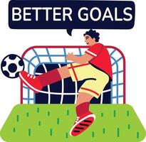 Kicking football player with better goals text, flat sticker vector