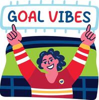 Happy fan with goal vibes text, flat sticker vector