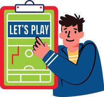 Flat sticker of a person holding field plan with lets play message vector