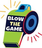 Referee whistle with blow the game text, flat sticker vector