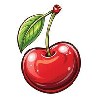 a red cherry with green leaf on white background vector