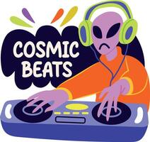 A flat sticker of alien with cosmic beats typography vector