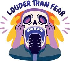 A flat sticker of scary skull with louder than fear typography vector