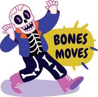 A flat sticker of a skeleton character with bone moves typography vector