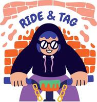A flat sticker of graffiti character with ride and tag typography vector