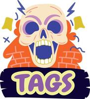 A flat sticker of skull with tags typography vector