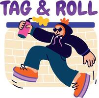 A flat sticker of painting character with tag and roll typography vector
