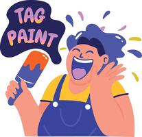 A flat sticker of laughing character with tag paint typography vector