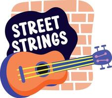 A flat sticker of guitar with street strings typography vector