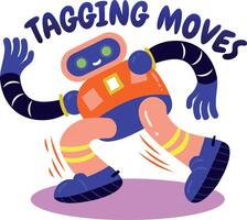 A flat sticker of dancing robot with tagging moves typography vector