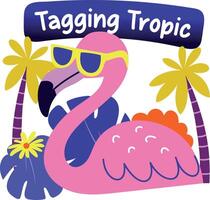 A flat sticker of flamingo bird with tagging tropic typography vector