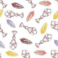 Seamless Easter Pattern with Decorative Eggs and Feathers in Vintage Sketch Style vector