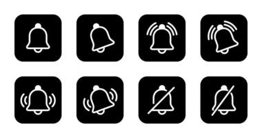 Notification bell outline icon set collection on black square. Notify, reminder sign symbol vector