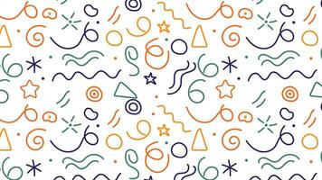 Vibrant Memphis-style pattern featuring abstract geometric shapes, swirls, and lines on a white backdrop. Perfect for modern designs, branding, packaging, and trendy digital backgrounds. vector