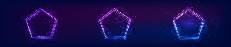 Set of three neon frames in pentagon form with shining effects and sparkles on dark background. Empty glowing techno backdrop. illustration vector