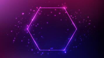Neon hexagon frame with shining effects and sparkles on dark purple background. Empty glowing techno backdrop. illustration vector