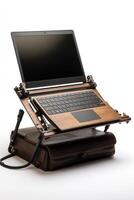A laptop on top of a wooden stand photo