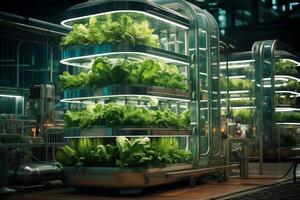 A large indoor farm with plants growing on it photo