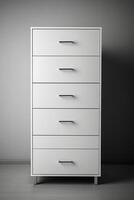 A white dresser with five drawers on a wooden floor photo