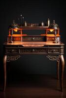 An antique desk with a lamp on top photo