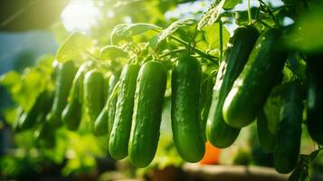 Green cucumbers hanging from the plant in the sun photo