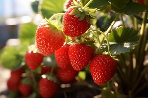 A bunch of strawberries growing on a plant photo