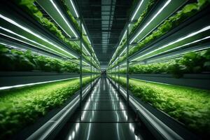 A long row of green lettuce plants in a large indoor farm photo